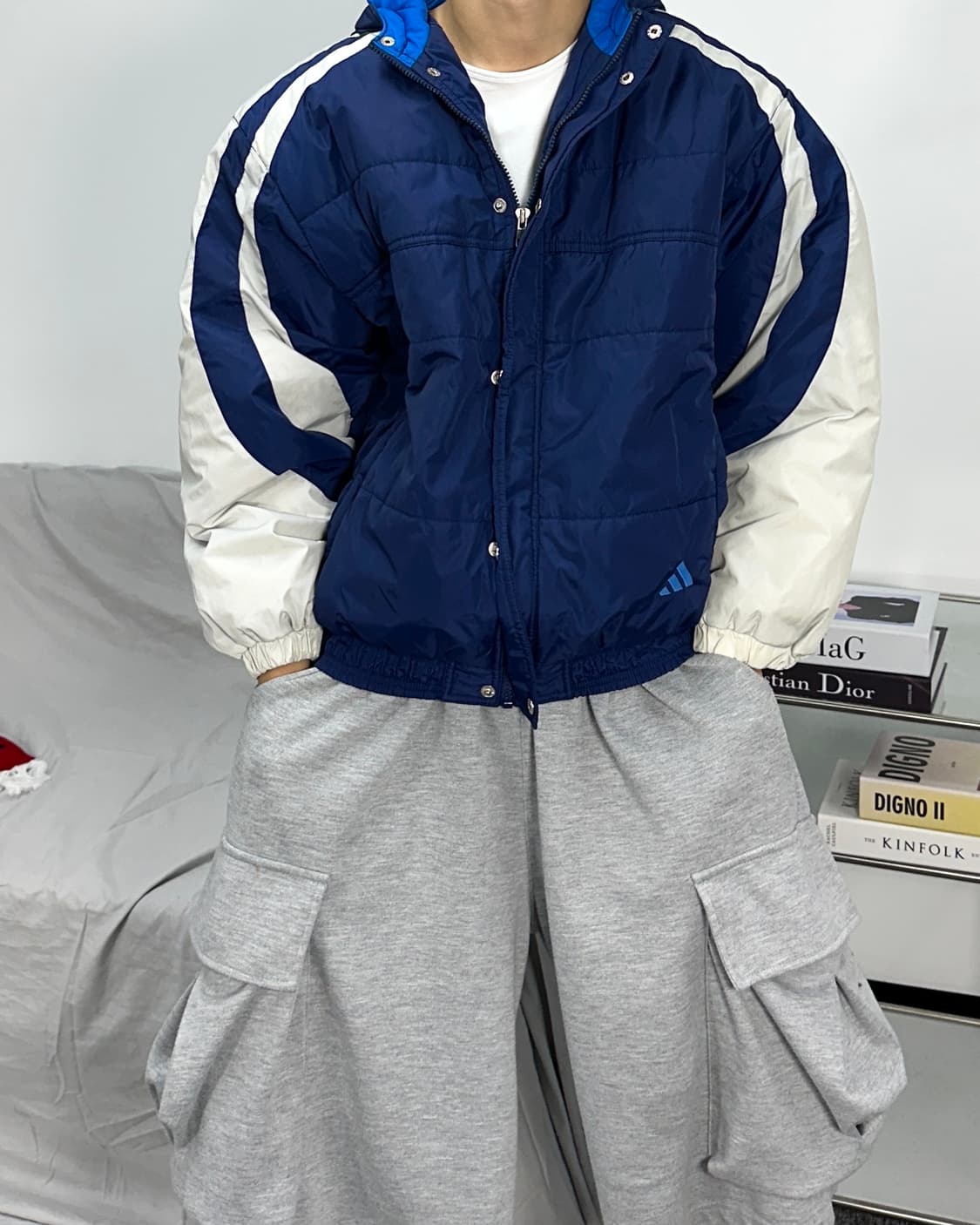 아디다스 90s 블루 배색 누빔 점퍼 XL 상품이미지1