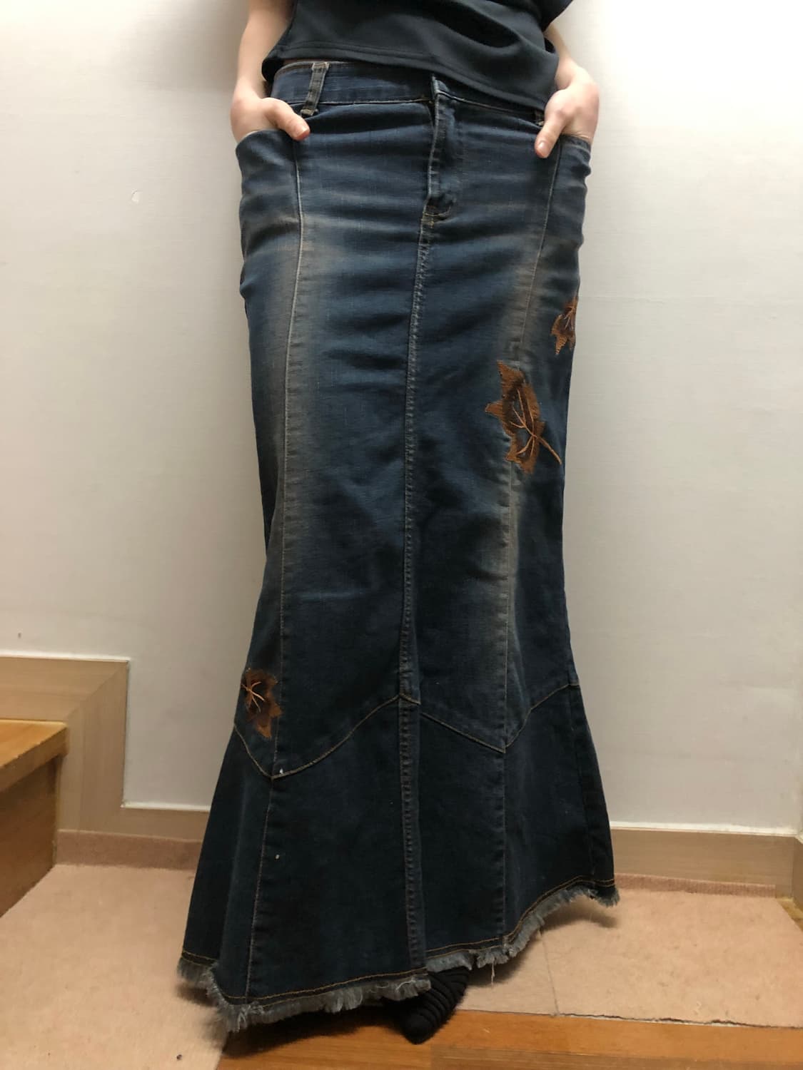 빈티지 데님 오리엔탈 플라워 롱 스커트 상품이미지1