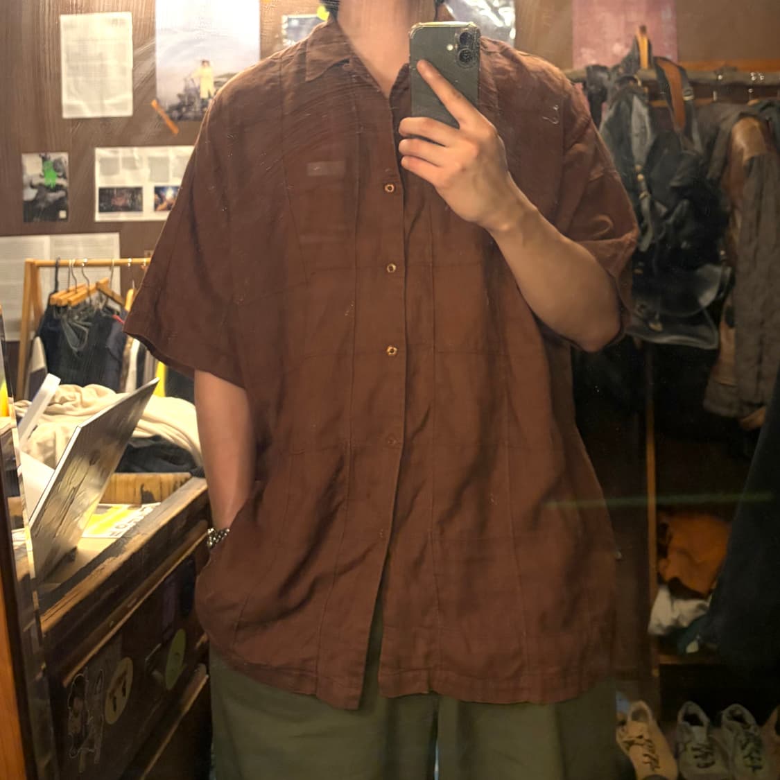 90s Japanese Brown linen textured shirt 상품이미지1
