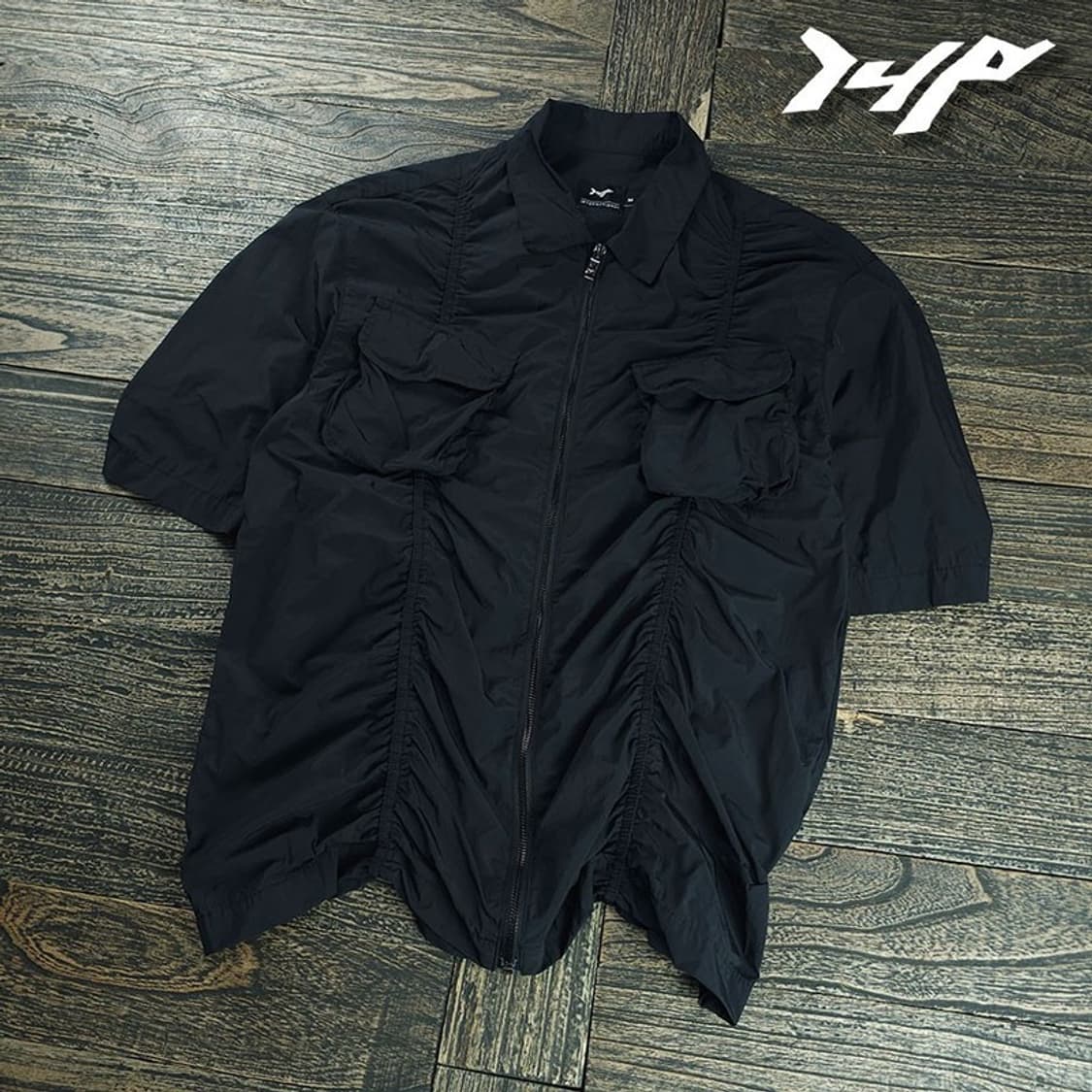 [I4P] 아이사피 셔링 반팔 집업 셔츠 블랙 M20870 상품이미지1