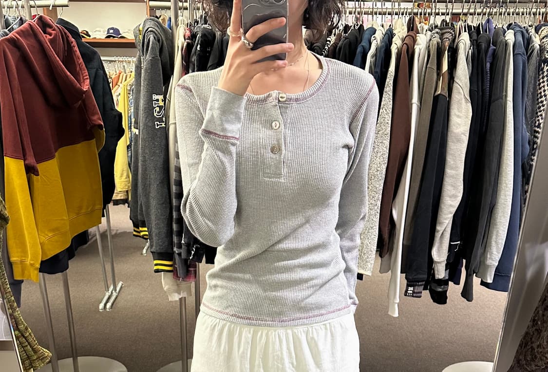 M)Japanese vintage 여성 그레이 와플 헨리넥 롱슬리브 상품이미지1