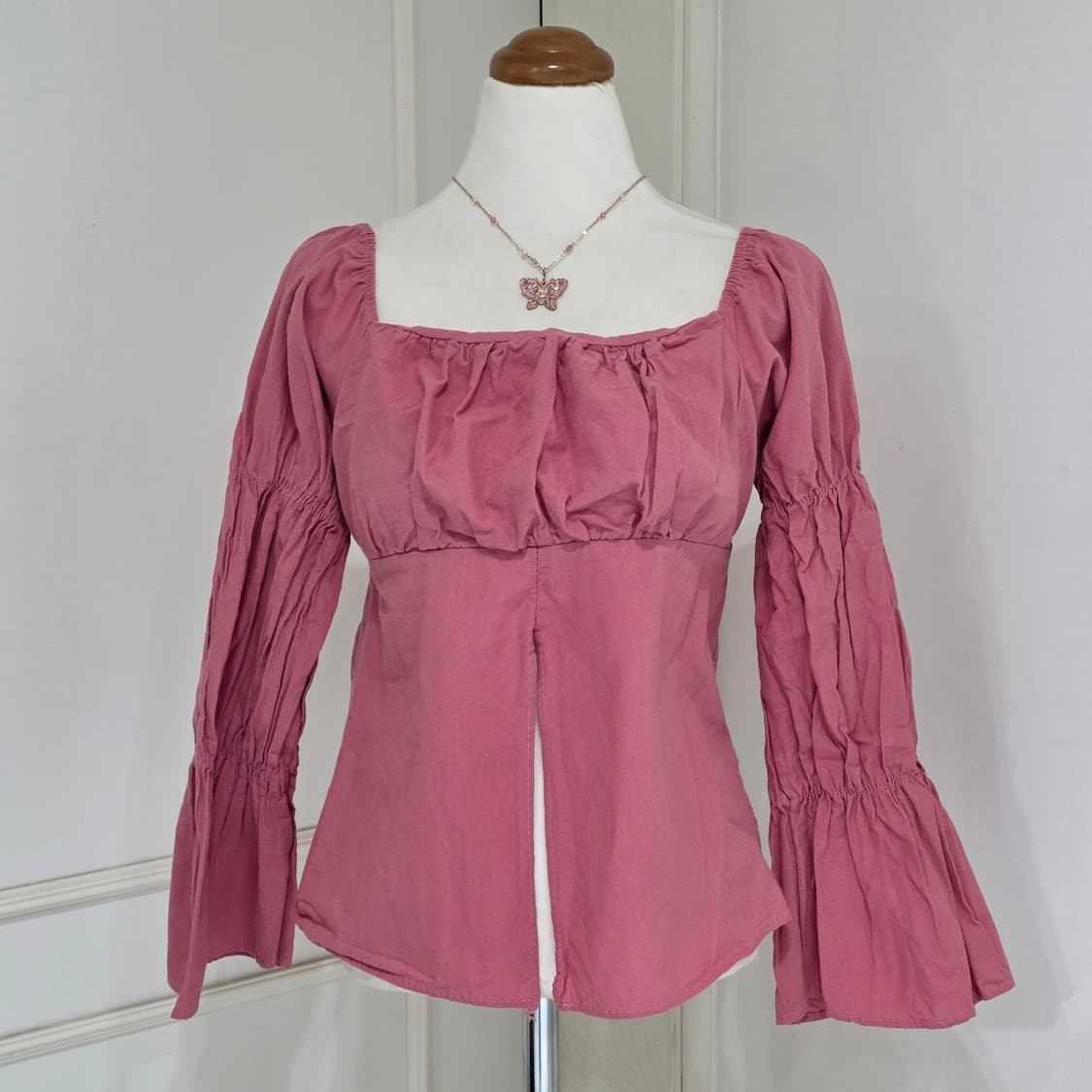 빈티지)핑크히메갸루 모리걸 스퀘어넥 셔링 오프숄더 로맨틱 린넨퍼프블라우스 상품이미지1