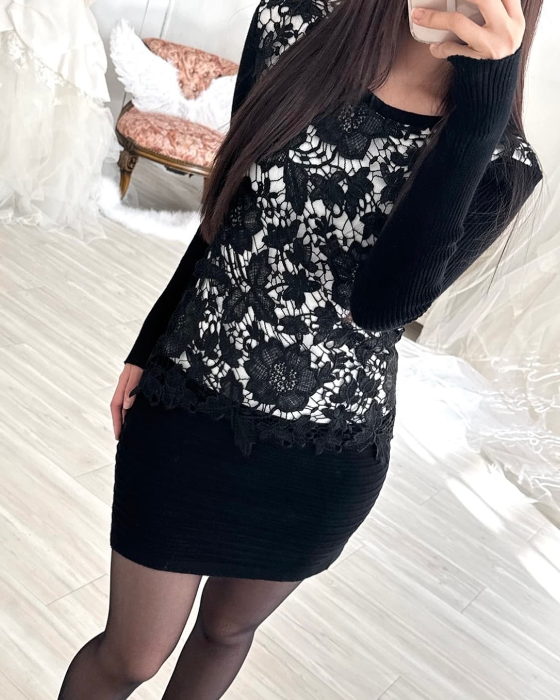 Black crochet detail dress  상품이미지1