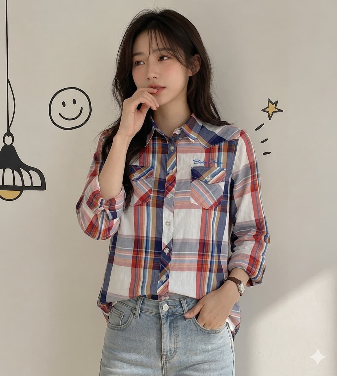 [S] 바디글로브(Body Glove) 자수 디테일 웨스턴 체크 셔츠 상품이미지1
