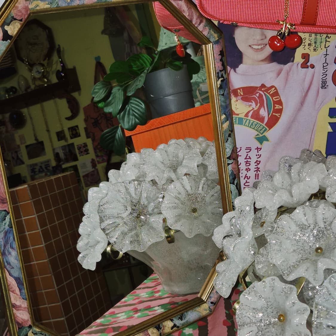 70s 이탈리아 엔틱 핸드 플로랄 우드 벽거울 상품이미지2