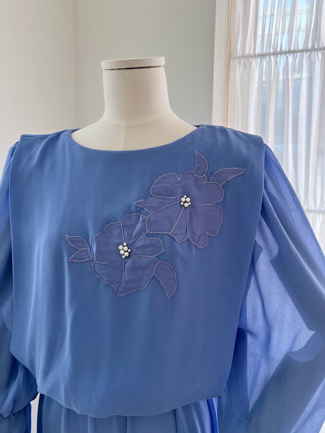 블루 플라워 진주 쉬폰 원피스 상품이미지4