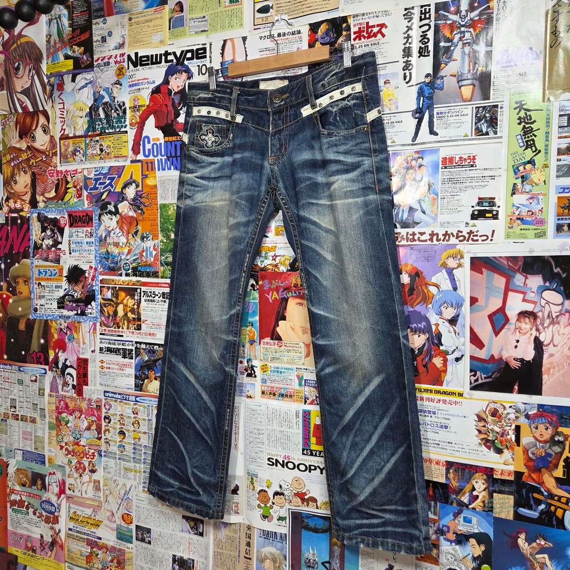 y2k 펑크 크로스 패치 스컬 스터드 데님 팬츠 상품이미지5