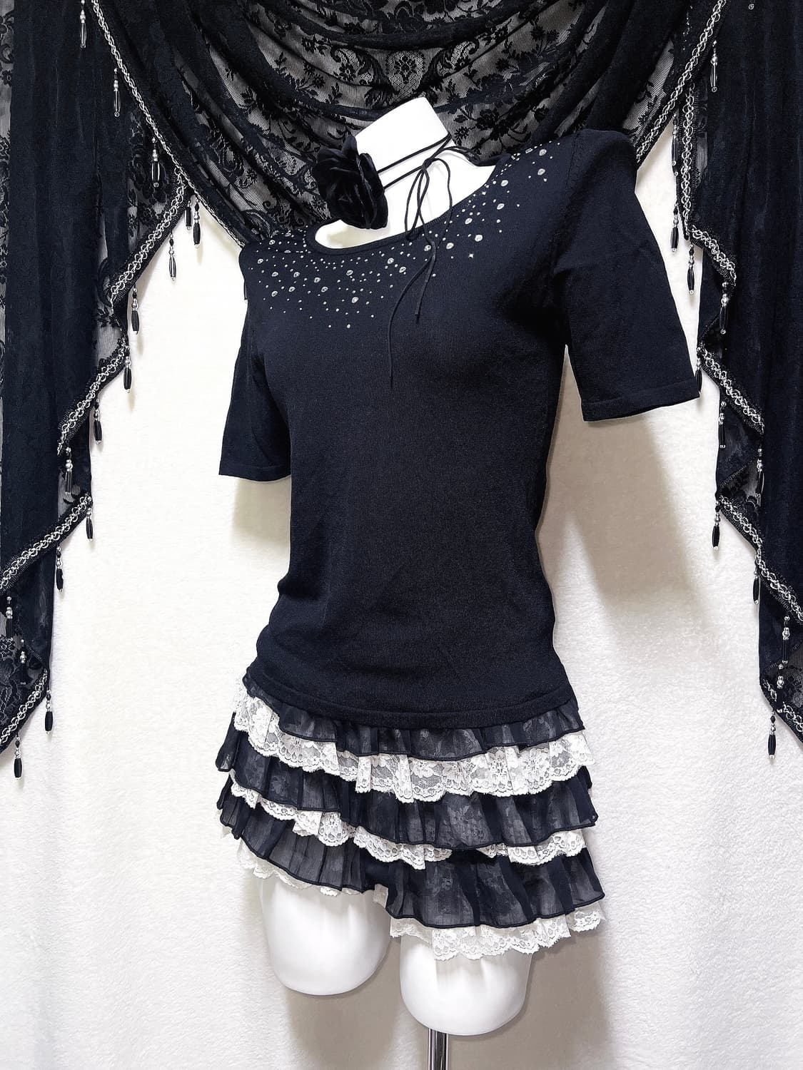 로맨틱고딕 오네갸루 블랙 큐빅 반팔 로걀탑 핀터 다크페어리 공겜 오리엔탈 상품이미지5