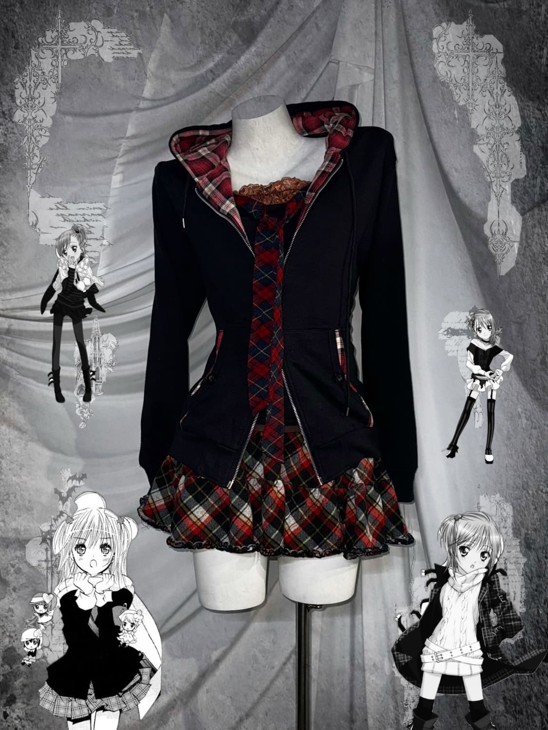 캐캐체 아무사복깔 무채색 레드체크 코디세트 상품이미지1