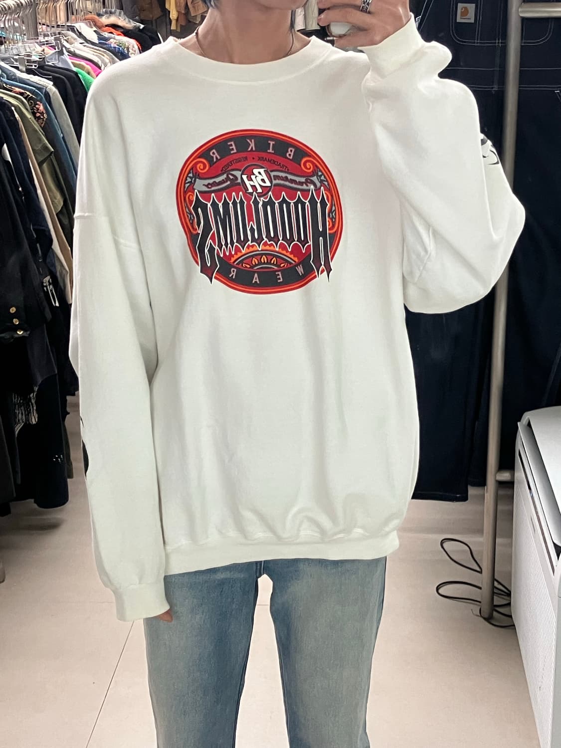 헤인즈 바이커 로고 화이트 스웨트셔츠 XL 상품이미지7