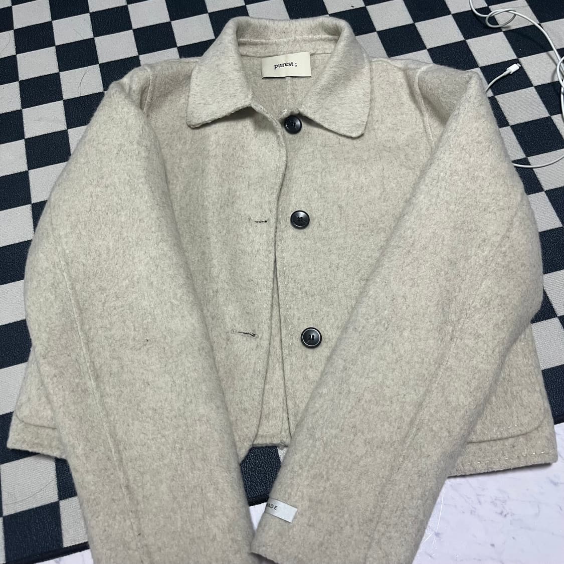 퓨레스트 울 카라 숏 핸드메이드 코트 오트밀 지그재그 에이블리 상품이미지8