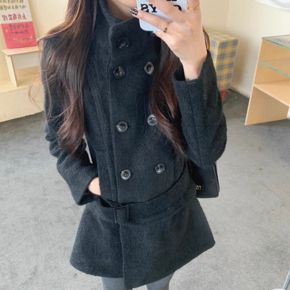 겨울 도톰 벨트 블랙코트 상품이미지1