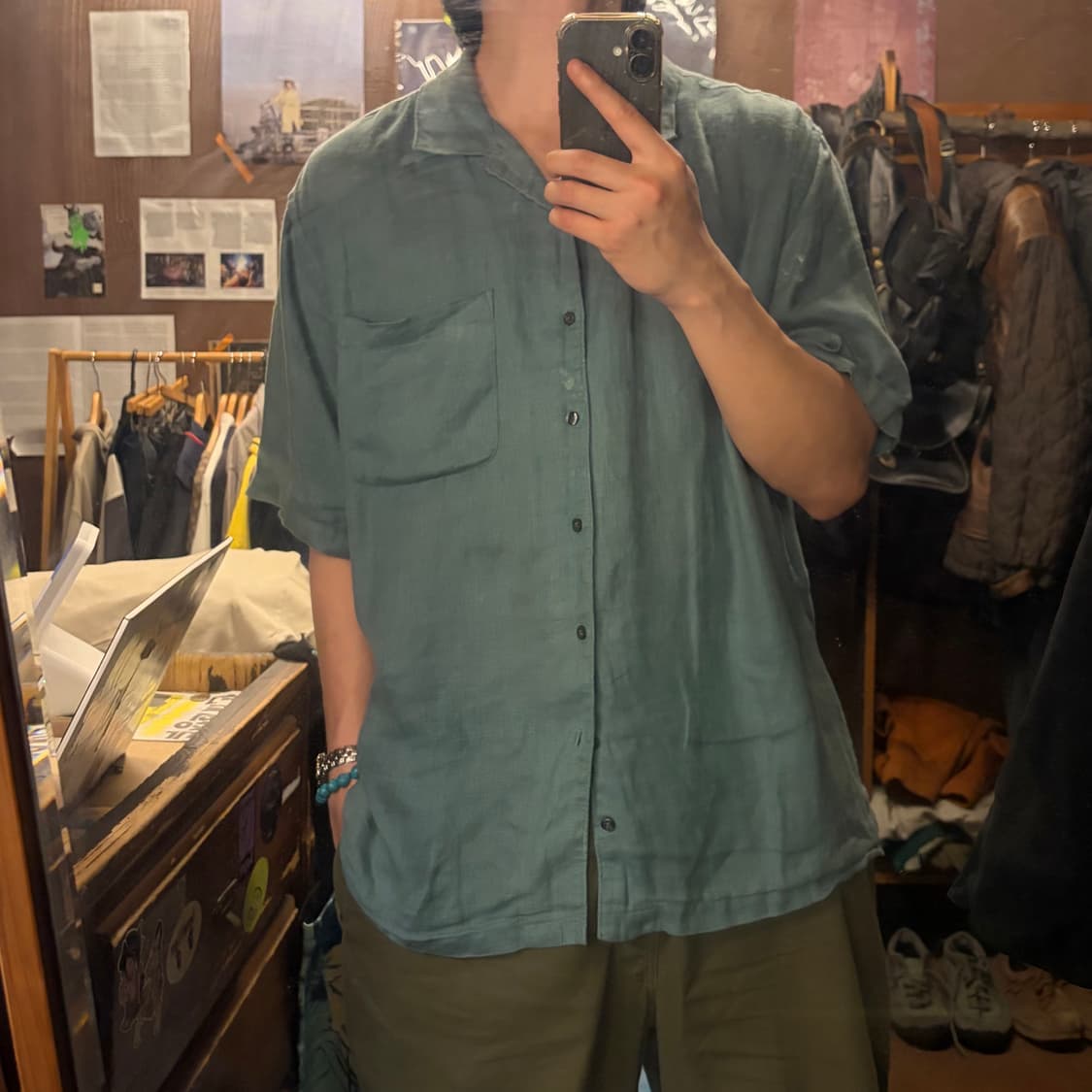 JAPANESE VINTAGE BLUE GREEN LINEN SHIRT 상품이미지5