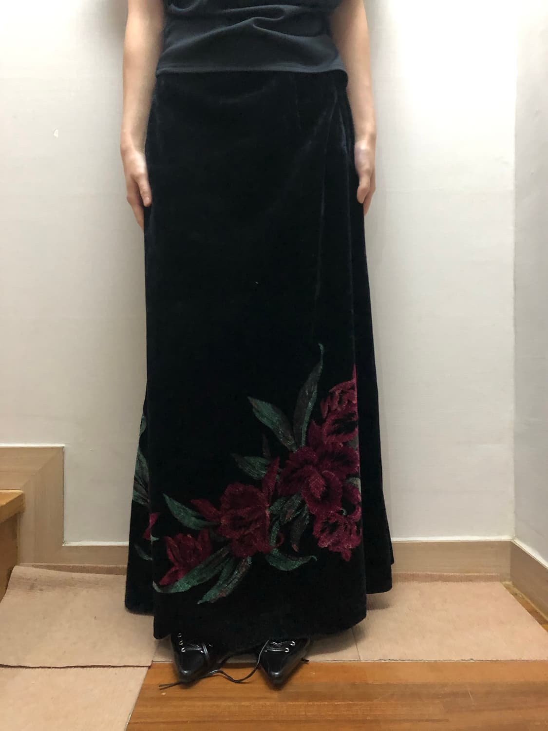 빈티지 블랙 오리엔탈 플라워 롱 스커트 상품이미지4