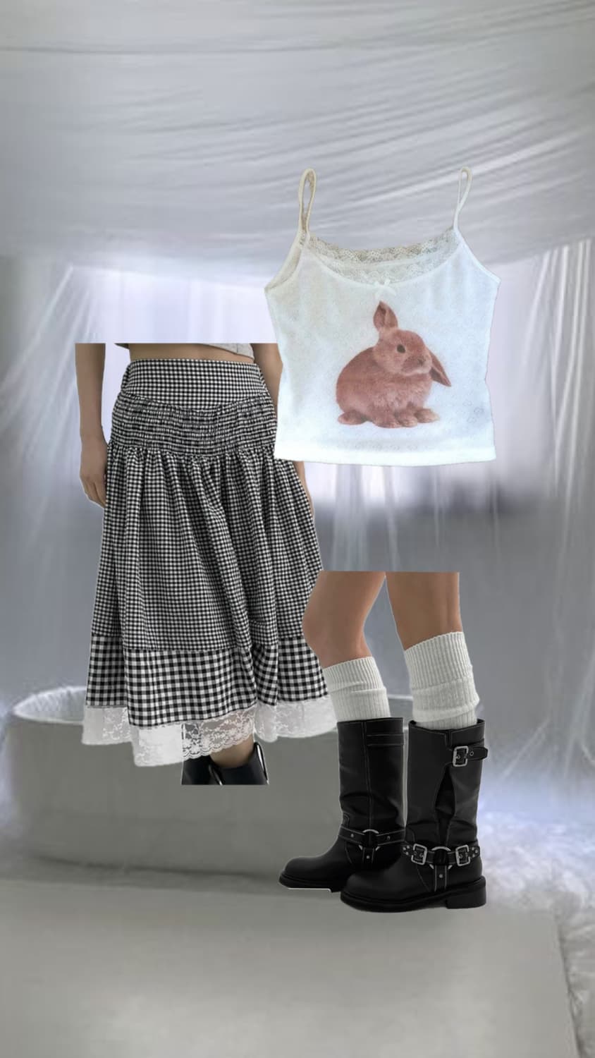 여름햇살복숭아 체크롱스커트 코디 상품이미지2