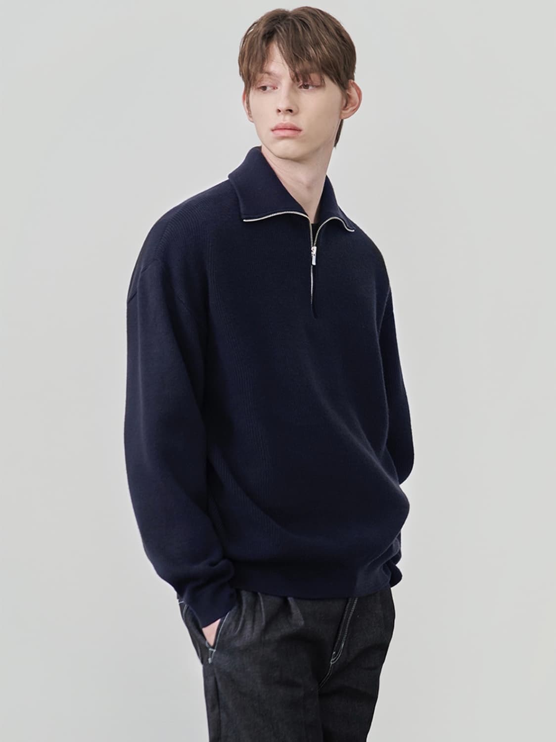 (새상품) 드로우핏 니트 반집업 네이비 상품이미지4