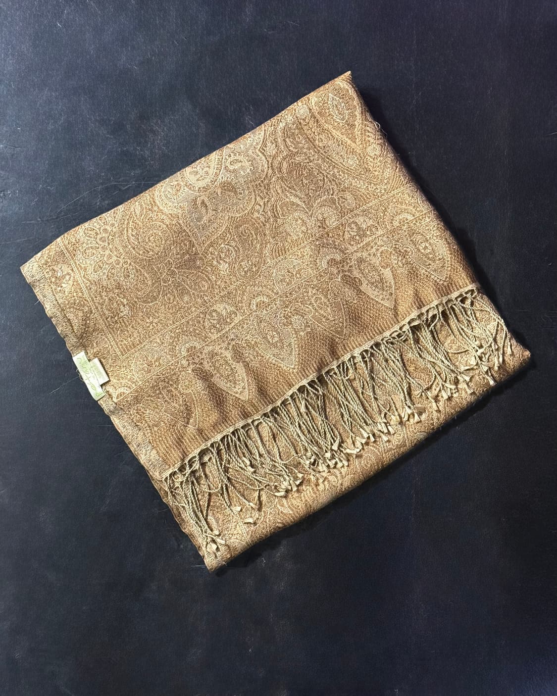 PASHMA 페이즐리 패턴 빈티지 실크 머플러 목도리 에스닉 웨스턴 골드 상품이미지3