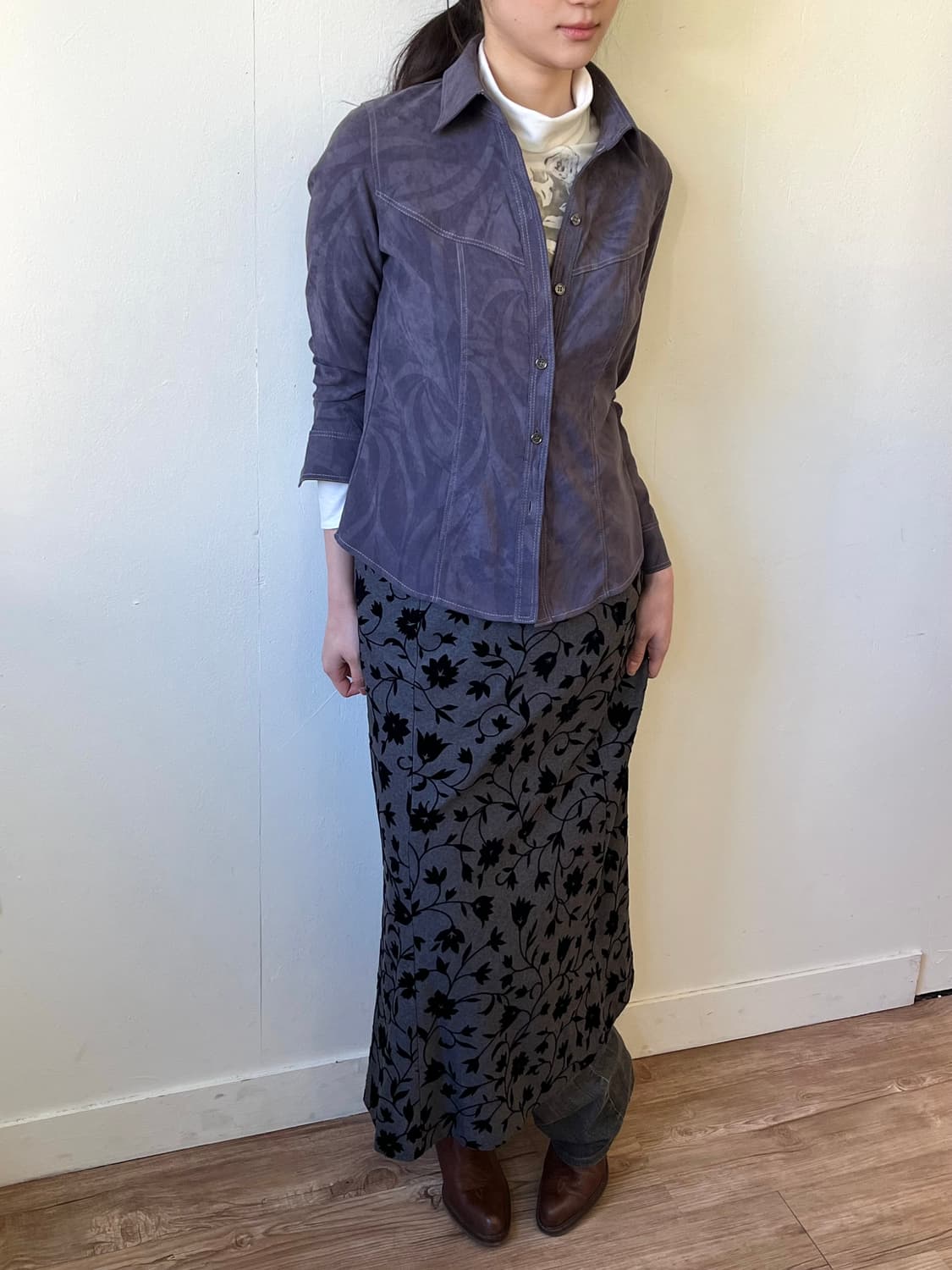 SlowLife 퍼플그레이 아트플라워 셔츠 상품이미지5