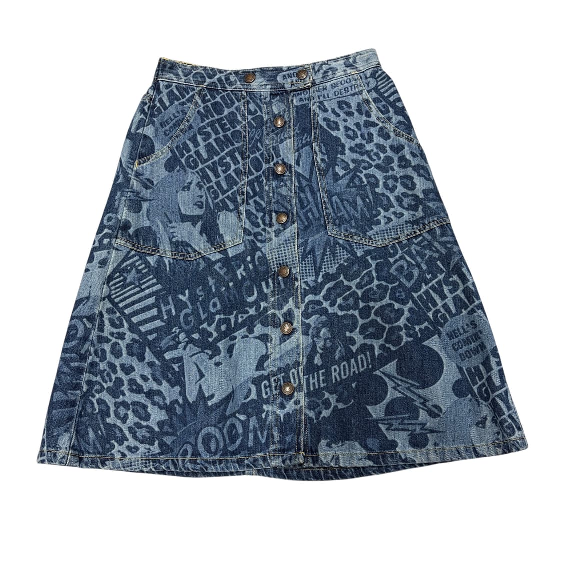 히스테릭 글래머 데님 레오파드 히스걸 프린팅 뒷밴딩 미디 스커트 상품이미지1