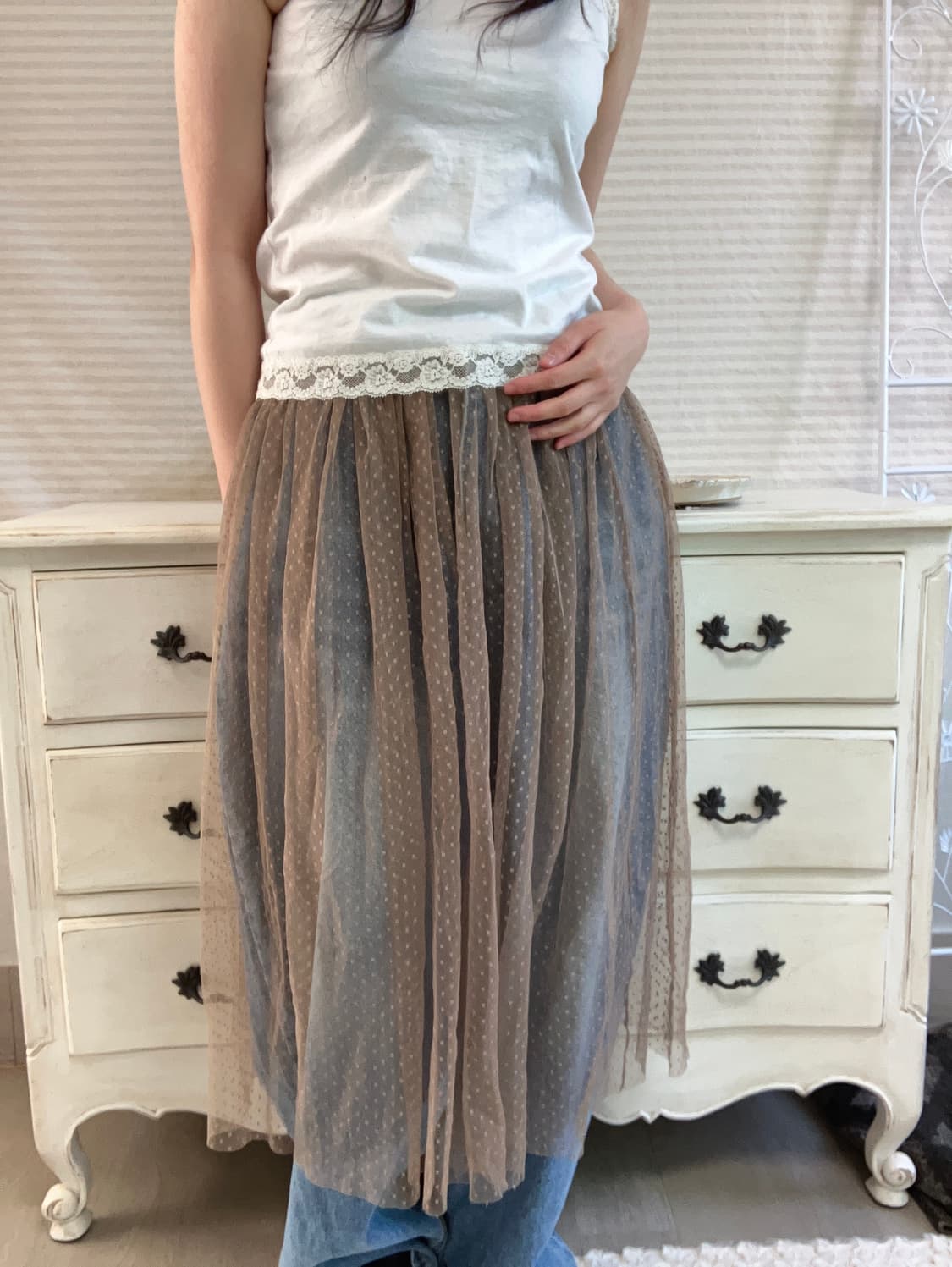 빈티지 베이지 시스루 도트 스커트 y2k 스트릿 갸루 펑키 일본빈티지 상품이미지3