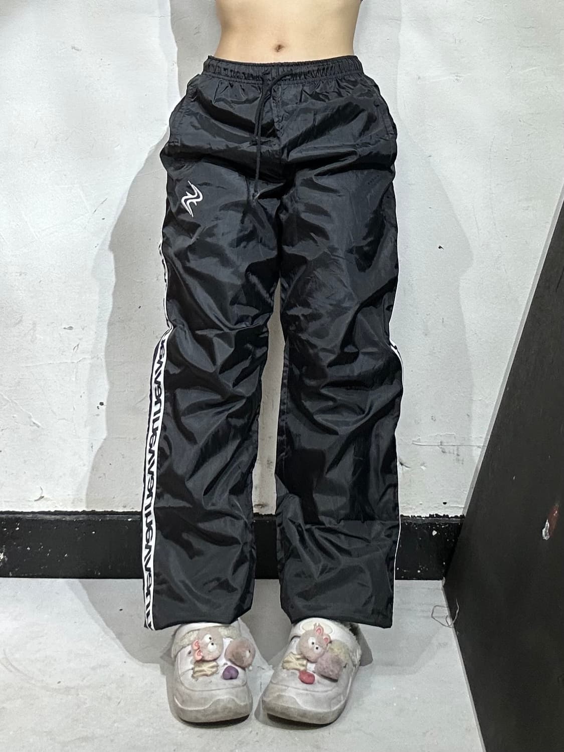 90s 일본 빈티지 블랙 와이드 사이드 라인 트랙 트레이닝 팬츠 M  상품이미지2