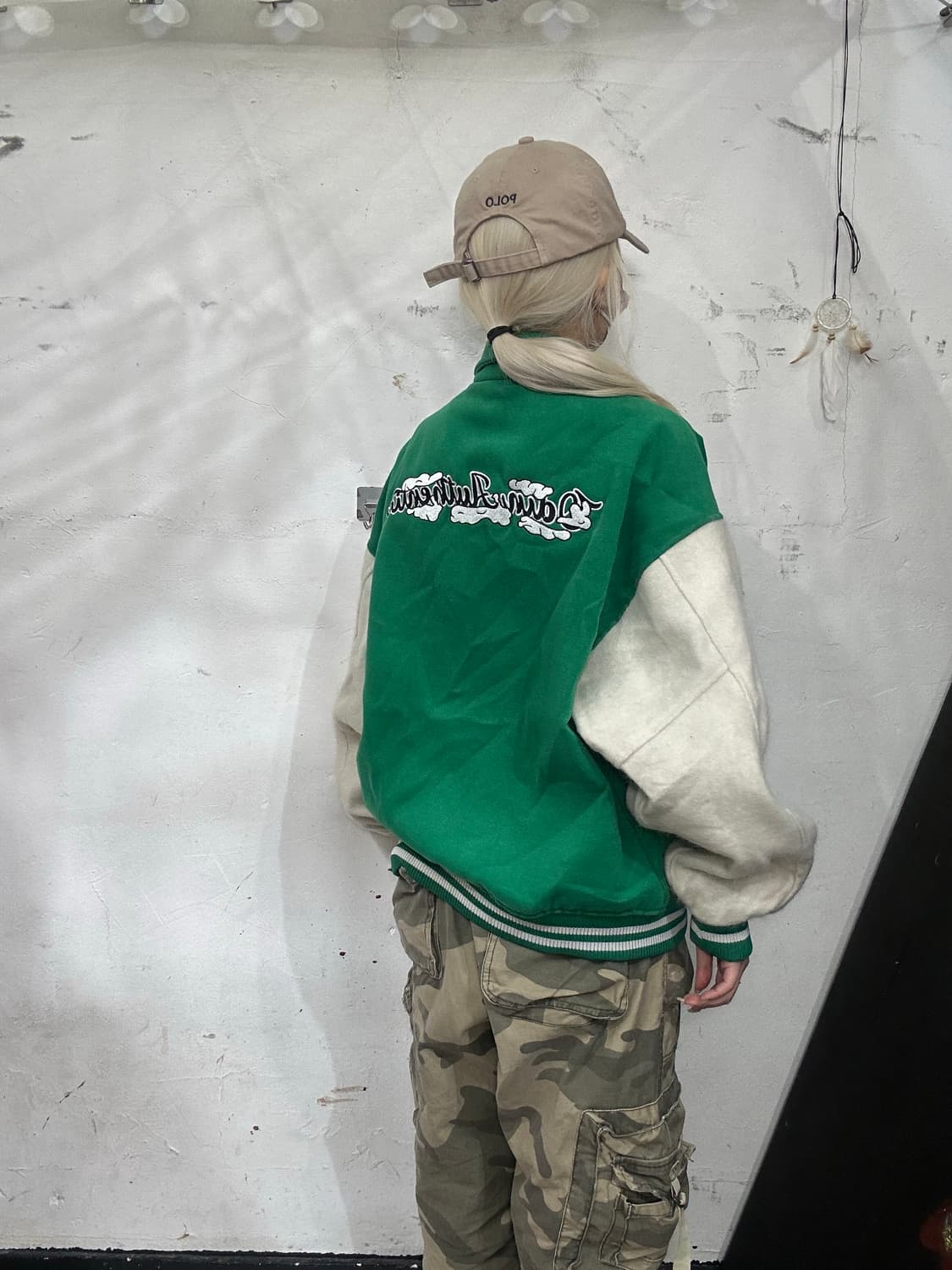 빈티지 그린 자수 올드스쿨 바시티 가죽 점퍼 오버핏 잠바 L 상품이미지3