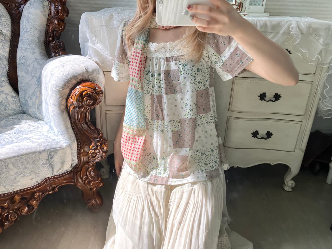 일본빈티지 패치워크 모리 잔꽃 레이스 펀칭 린넨 반팔 상품이미지2