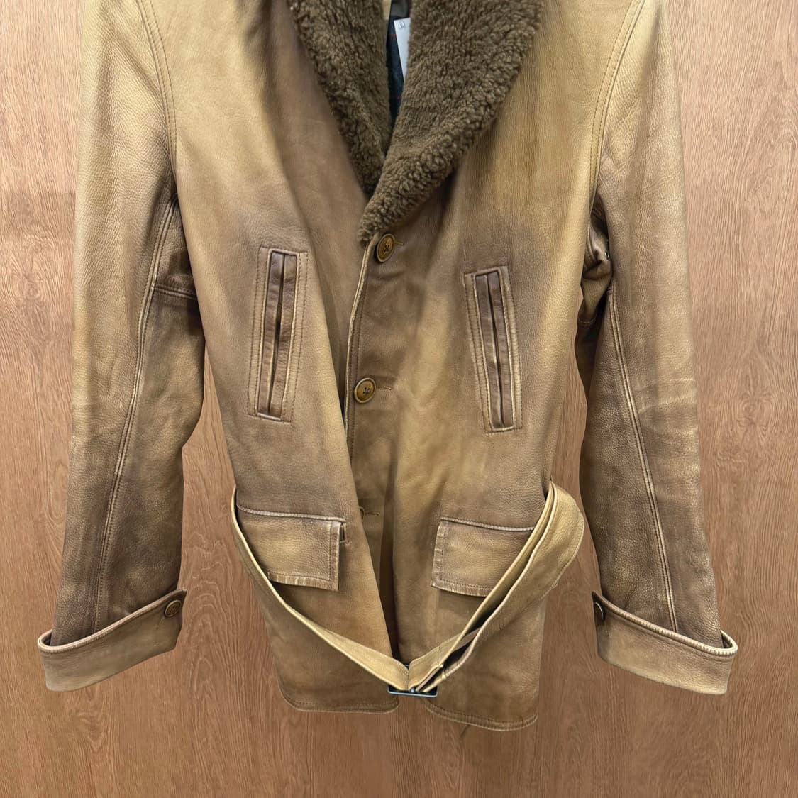 랄프로렌 디어스킨 레더 하프 코트 시어링 퍼 숄 카라 벨트 디테일 브라운 상품이미지5