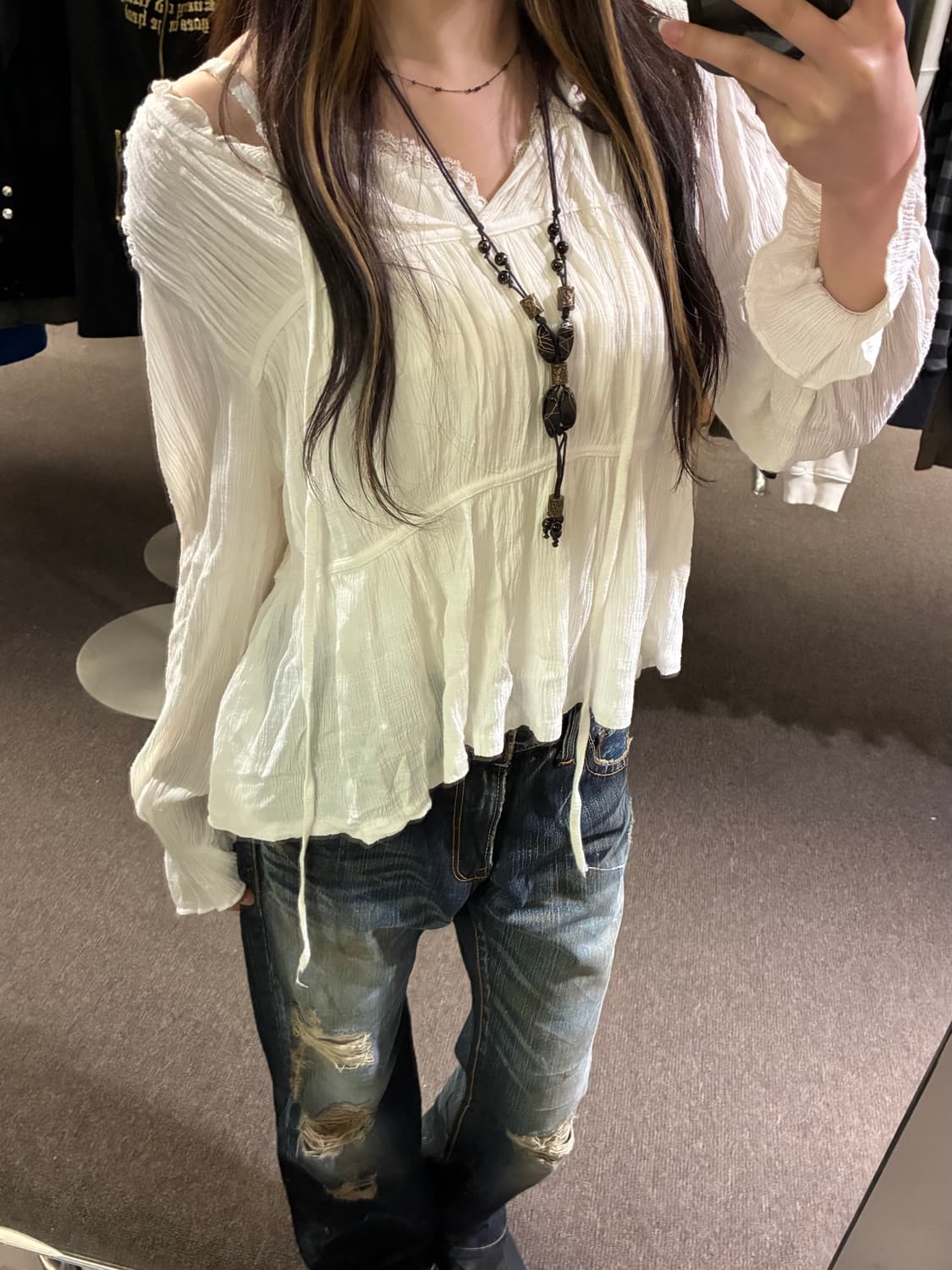 OS)Japanese vintage 화이트 셔링 블라우스 상품이미지1