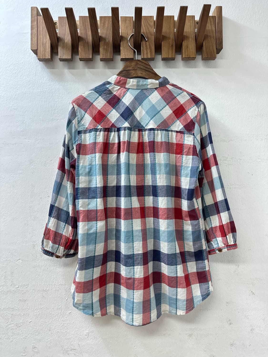 일본빈티지 코튼100 멀티 체크 셔링 디테일 7부 블라우스 티셔츠 상품이미지4