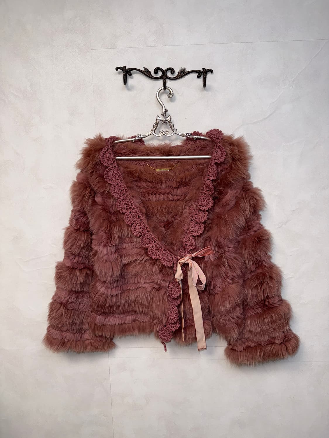 Rose pink rabbit&fox fur crochet wrap jk 상품이미지1