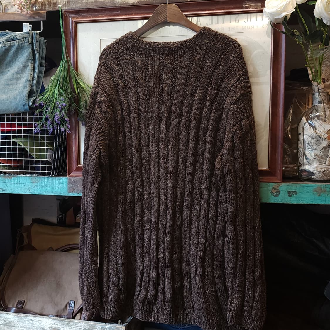 90s 프렌치 헨드메이드 울 가디건 헤비울 스웨터 빈티지 니트 꽈배기 L 상품이미지4