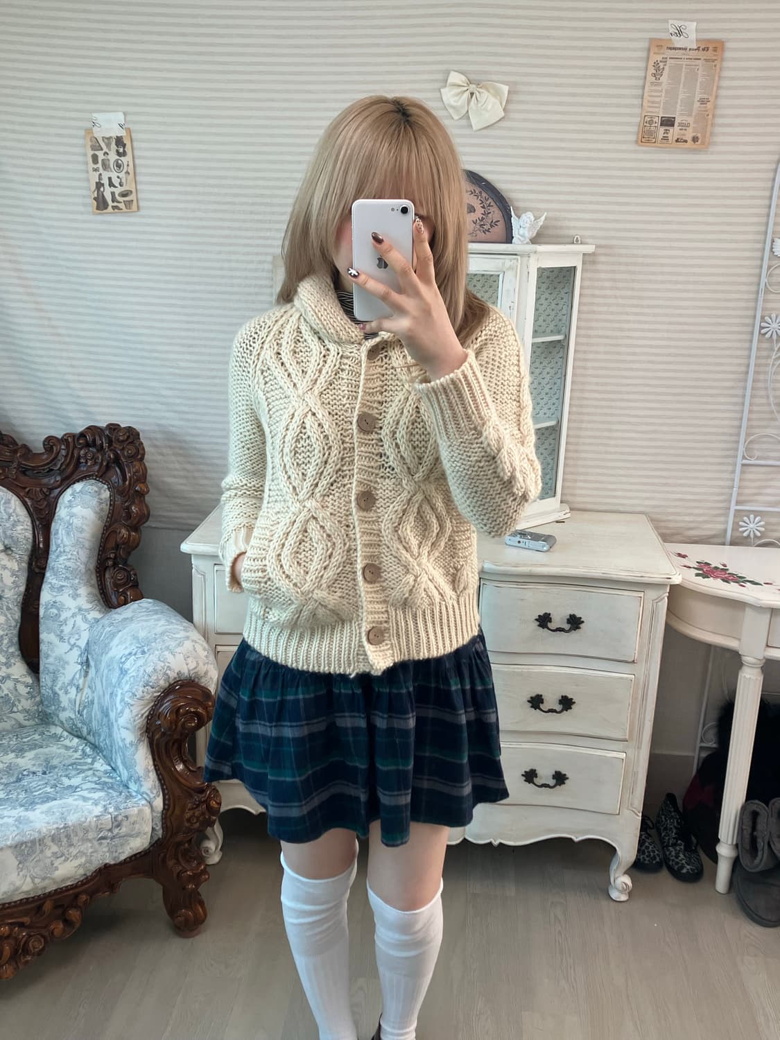 일본빈티지 캉캉 네이비/그린 체크 스커트 상품이미지3