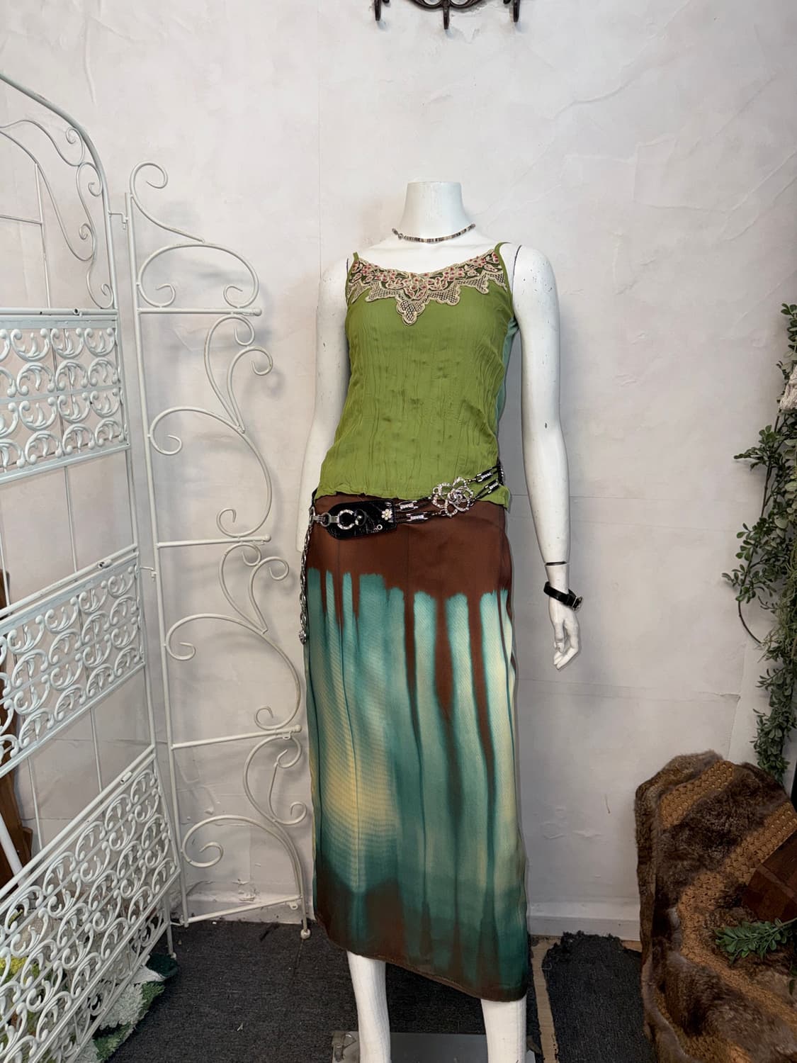 Green ethnic lace pleated sleeveless  상품이미지4