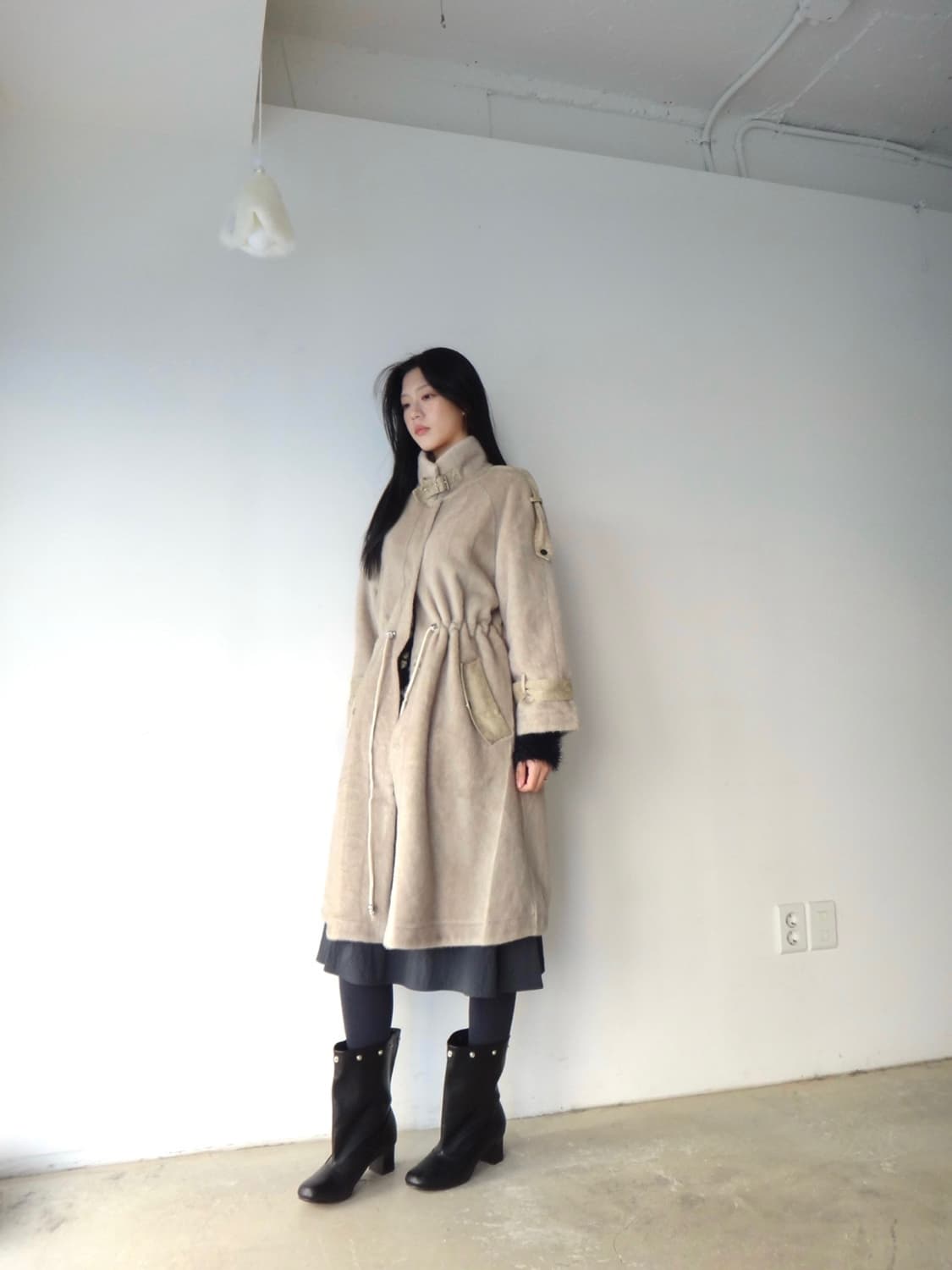 Suede & soft fur mix high neck long coat 상품이미지2