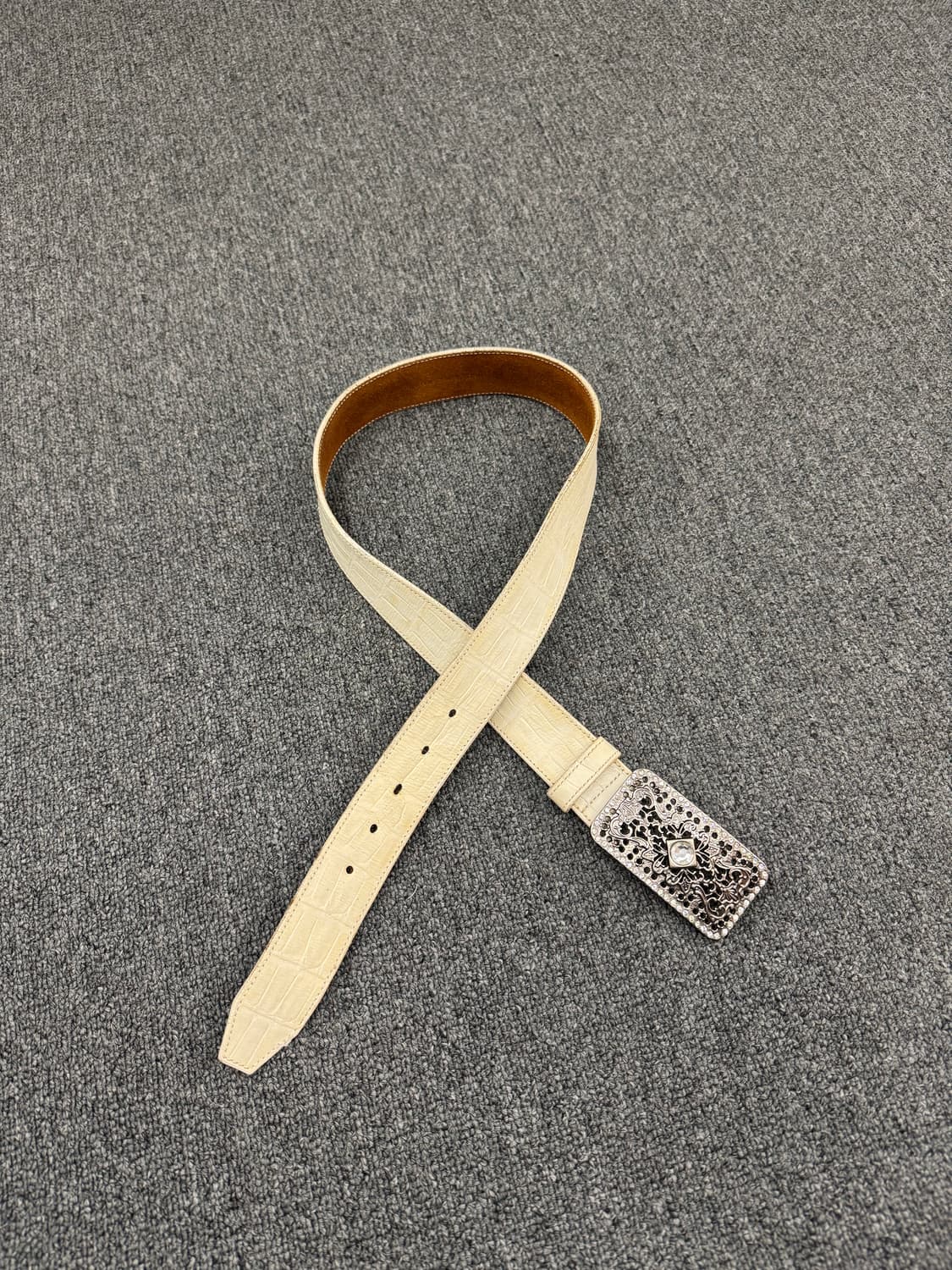 Vintage 버클 악어가죽 패턴 화이트 가죽 벨트 상품이미지1