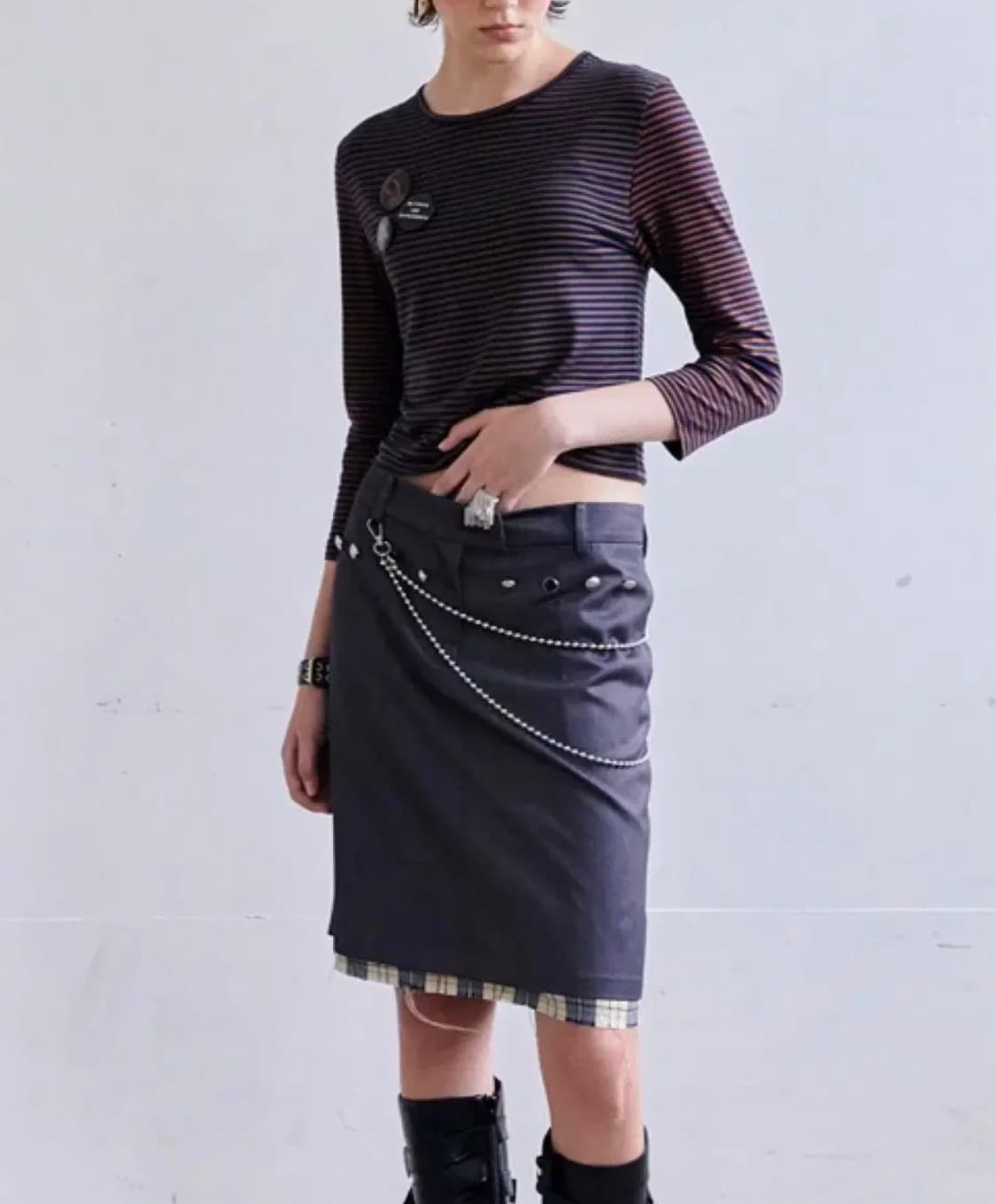 데어드 로우 엣지 체크 레이어드 스커트 상품이미지2