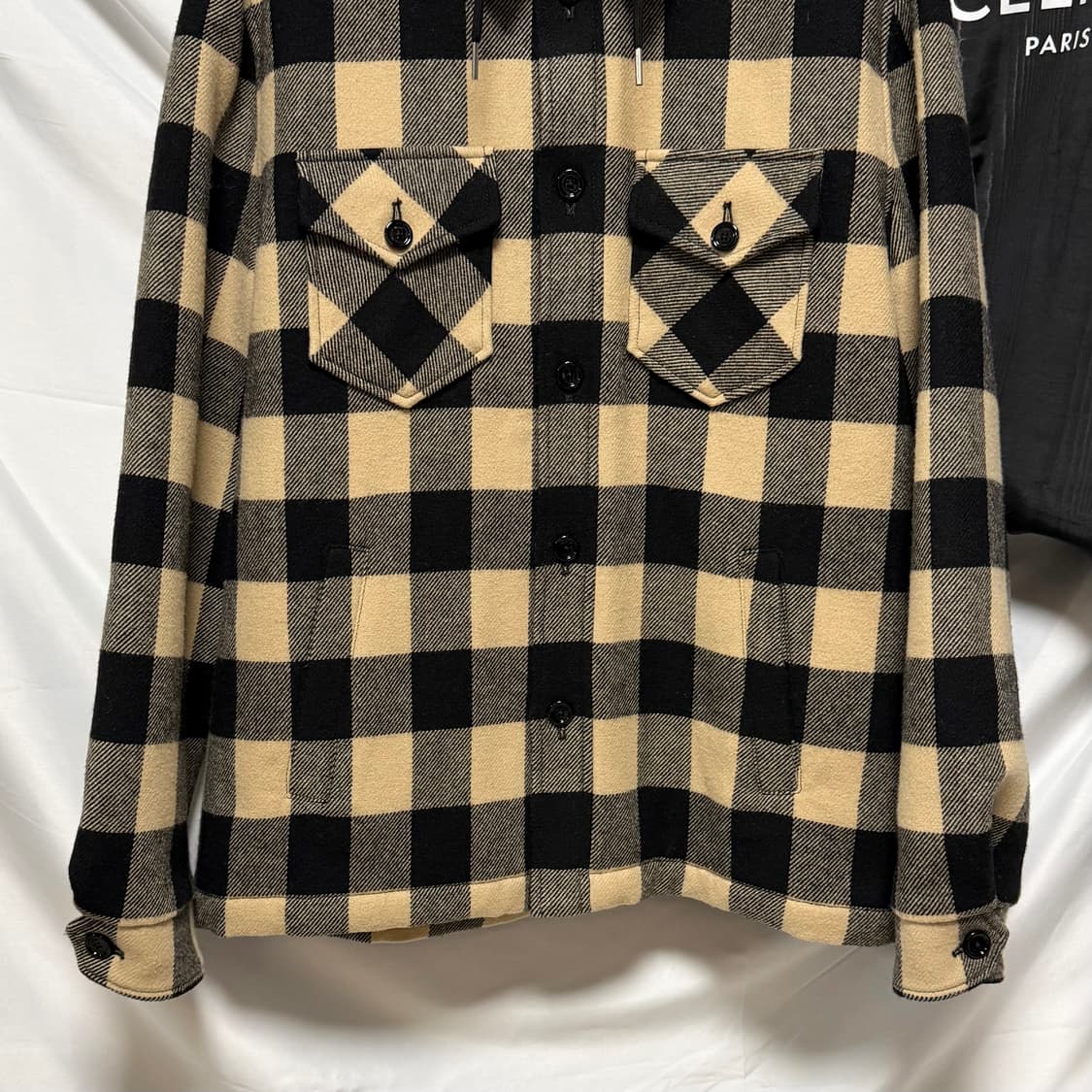 [S+급/50] 셀린느 체크 울 후드 오버셔츠 자켓 베이지 상품이미지5