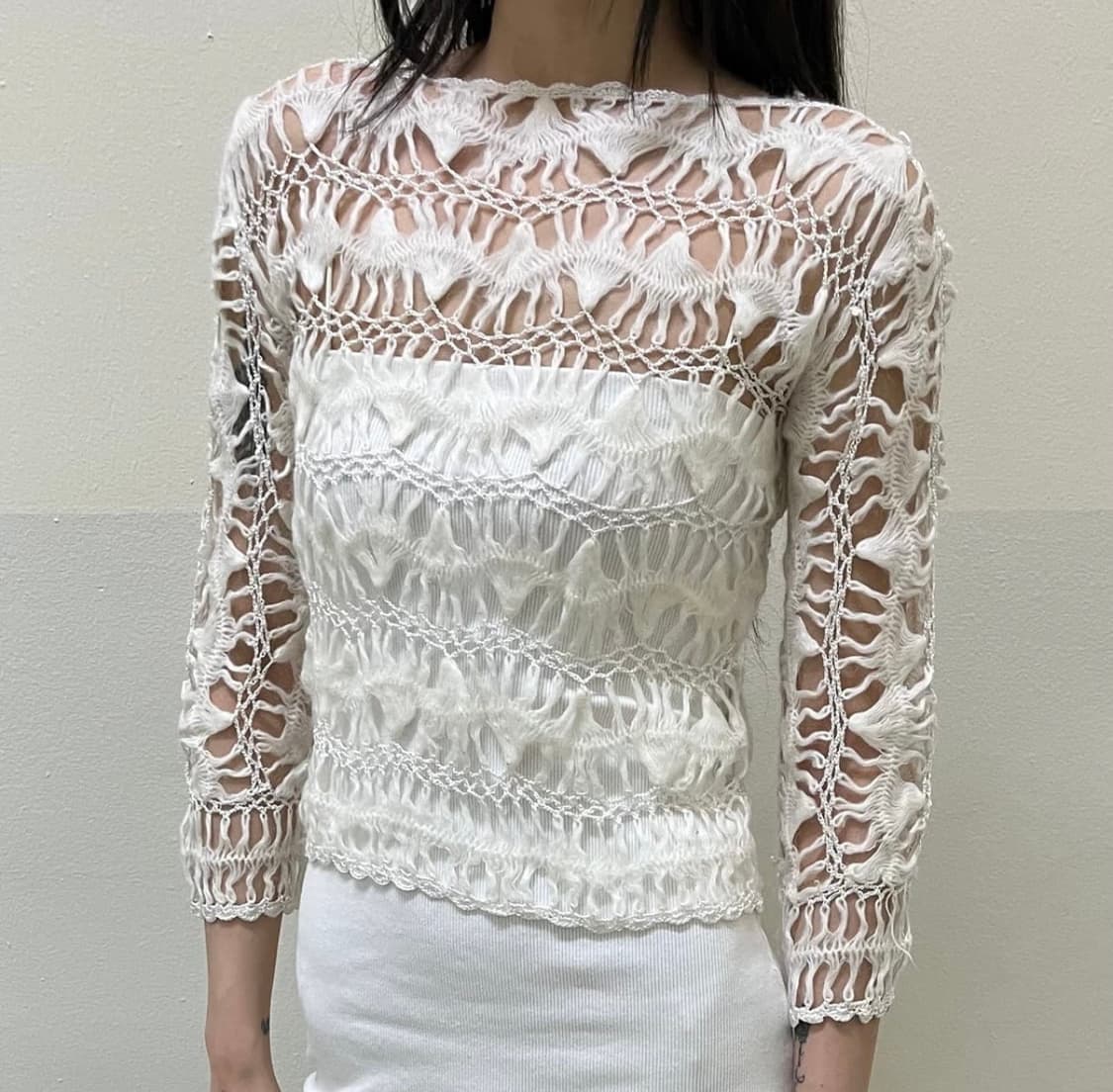 Michel Klein 그물 니트 시스루 뜨개 탑 상품이미지1