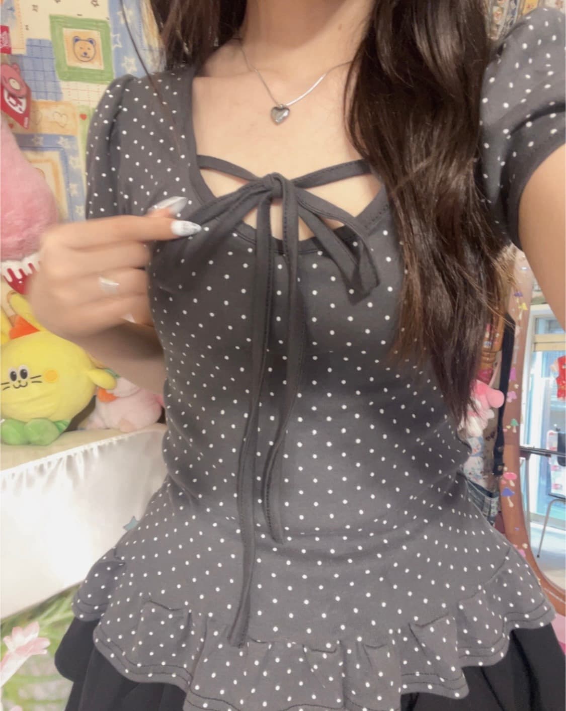 도트 퍼프 프릴 리본 반팔티୨୧ ྀིྀི  상품이미지4