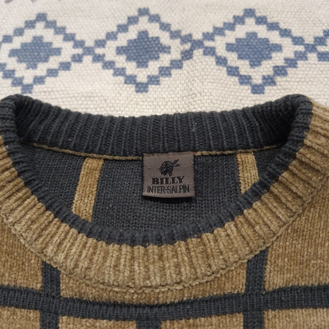 BILLY 베이지 그레이 스퀘어 패턴 아메카지 라운드넥 니트 L 상품이미지7
