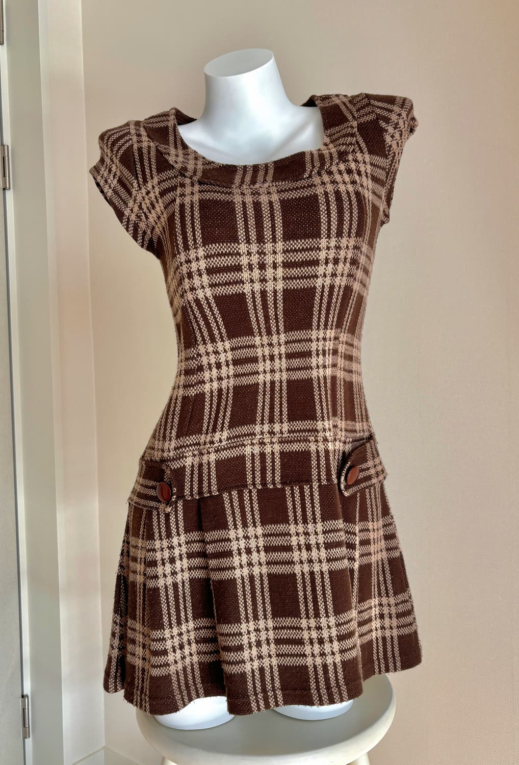 라떼갸루 초코 체크 버튼 원피스 브라운 상품이미지2