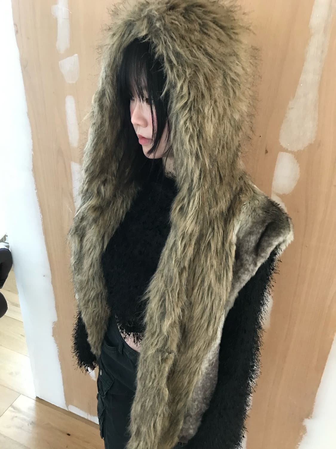 vintage fur hood vest 상품이미지3
