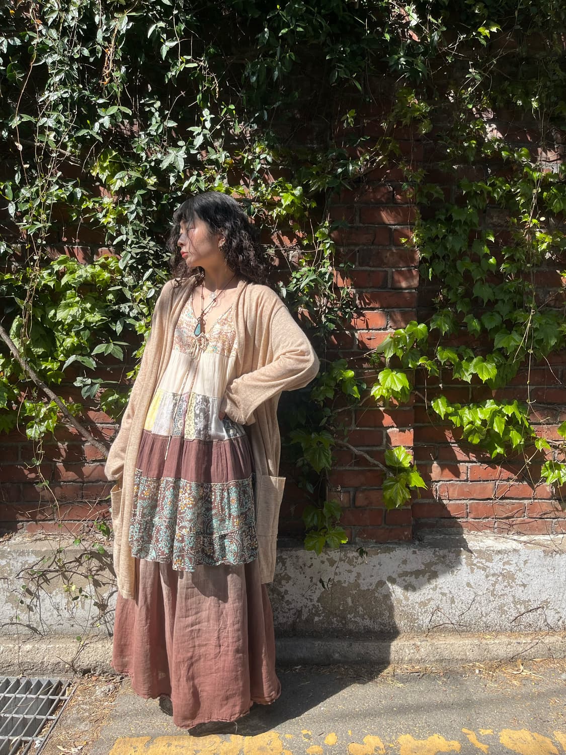 오트밀 베이지 니트 그물 가디건 상품이미지1