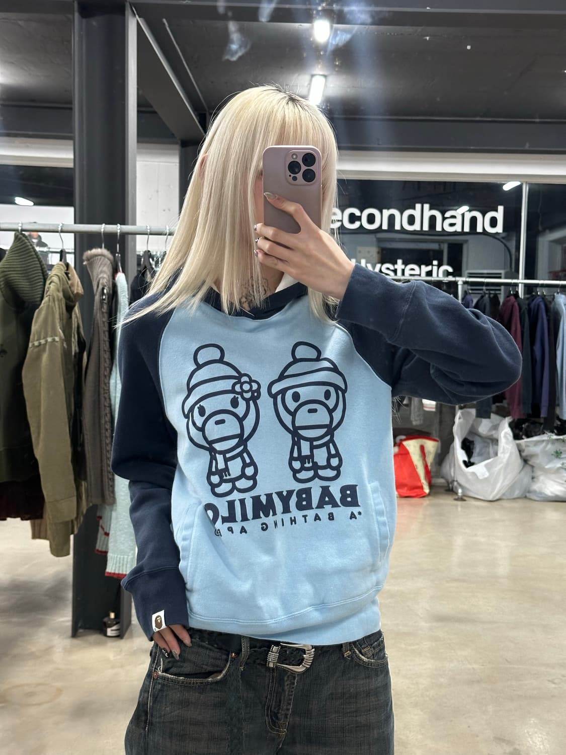 베이프 베이비 커플 마일로 라글란 후드 티셔츠 상품이미지2