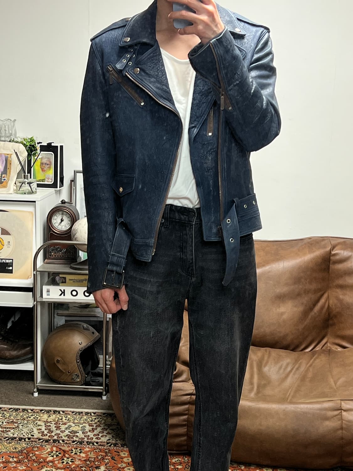 [L] Jpn 빈티지 네이비 램스킨 더블 라이더자켓 상품이미지2