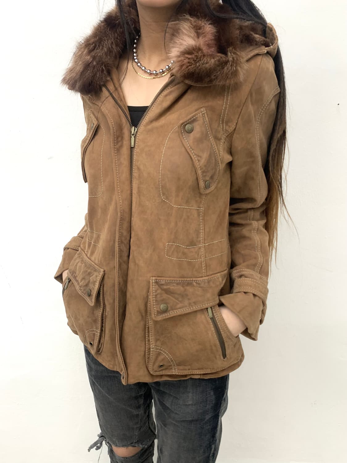 Fox fur trimmed lambskin leather jacket  상품이미지2