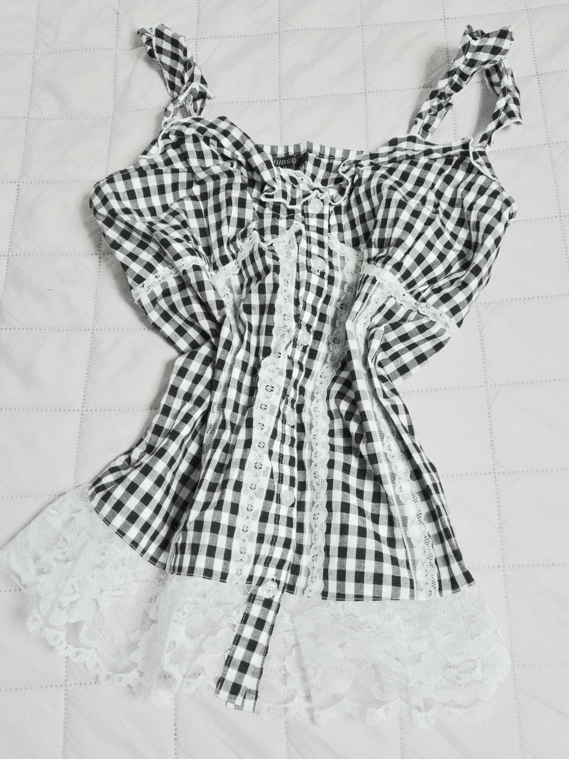 블랙 화이트 무채색 체크 슬리브리스 일브 빈티지 갸루 고딕 레이스 핀터 상품이미지2