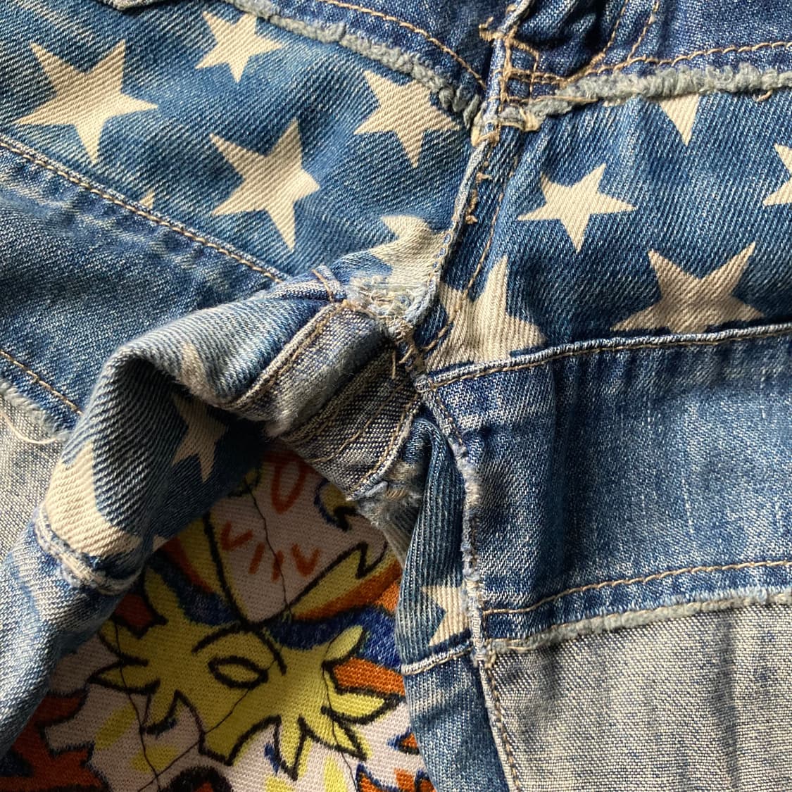 빈티지 패치워크 스타 패턴 데미지 디테일 데님 팬츠 부츠컷 청바지 상품이미지6
