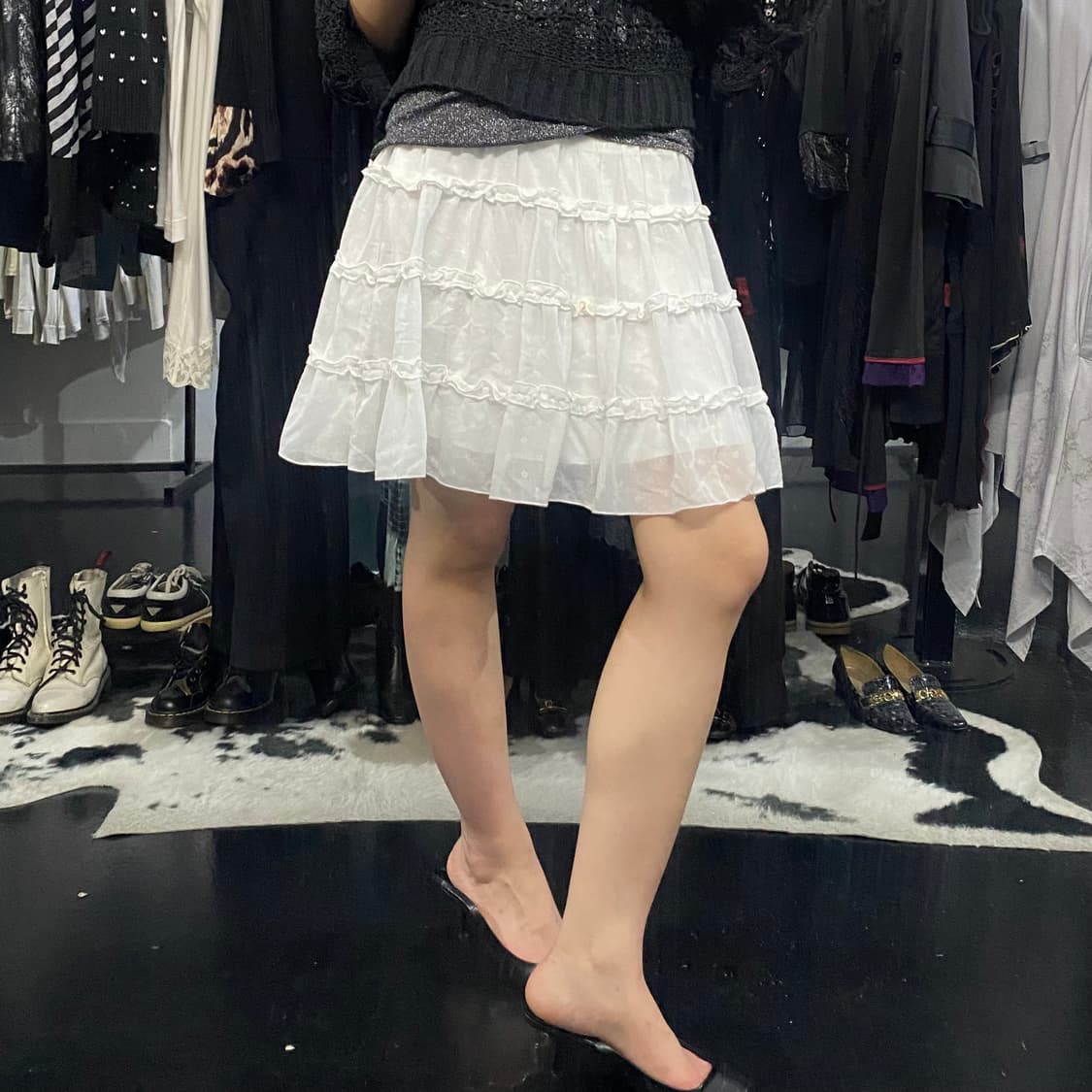 Japanese vtg 화이트 도트 프릴 스커트 상품이미지7